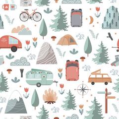 Hand drawn seamless pattern with summer camping equipment. Trailers, mountains, trees, and tourist objects in Scandinavian style. Cartoon vector background © Toltemara