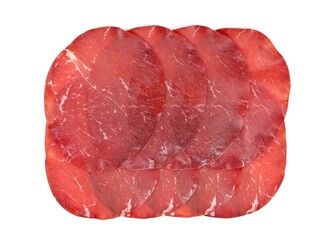 Slices of Bresaola, traditional  air dried salted beef cold meat from North Italy, on white background. 