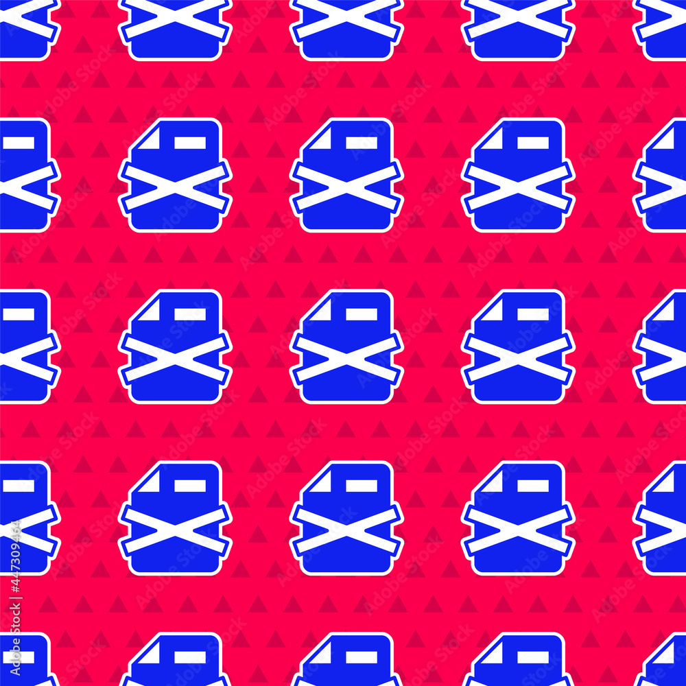 Poster blue delete file document icon isolated seamless pattern on red background. rejected document icon. 