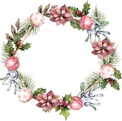 Christmas wreath with red bow. Hand drawn watercolor isolated floral leaves on circle frame on white background
