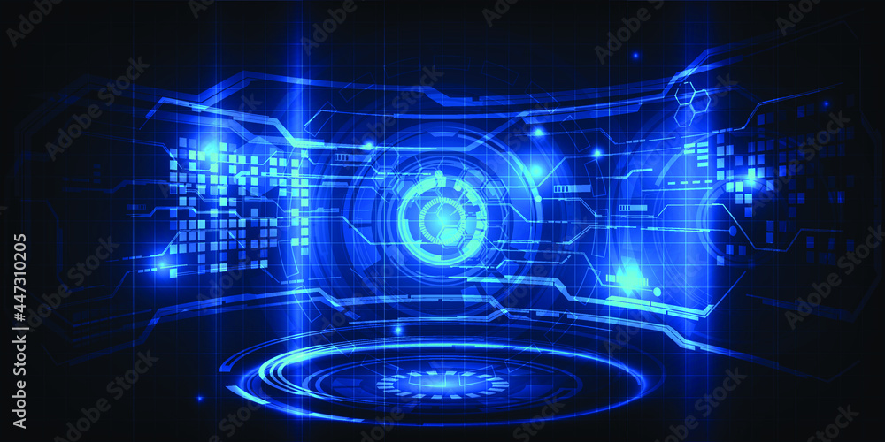 Poster futuristic hall laboratory and blank space layout stage with digital architectural hi-tech screen gr