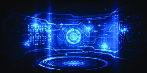 Futuristic hall laboratory and blank space layout stage with digital architectural hi-tech screen grid display.Futuristic high technology concepts. 