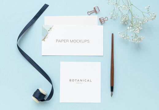 Floral Paper Notes Mockup on Blue Background