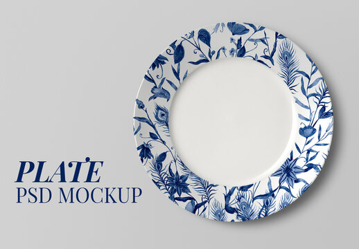 Editable Porcelain Plate Mockup with Blue Flower Pattern