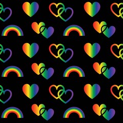  rainbow pride seamless pattern with gradient hearts and rainbows on black background