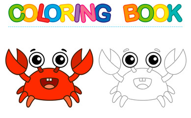 Coloring page funny smiling red Crab. Educational tracing coloring book for childrens activity