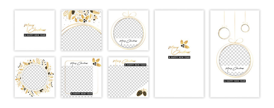 Christmas and New Year post and stories template set for social media. Gold ornament design backgrounds for blog, online shop