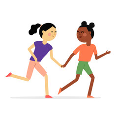 Two girls best friends run together vector illustration. African and caucasian female children hold hands, cute kids playing outdoors. Flat style happy childhood friendship concept, active lifestyle