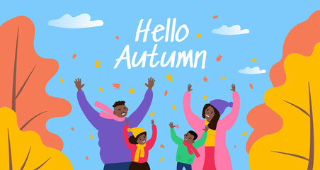 Obraz na płótnie Canvas hello autumn happy african american family play with falling leaves vector illustration