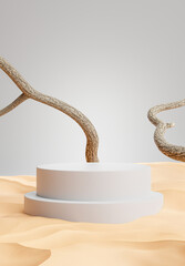 podium with desert background,branches for your product display