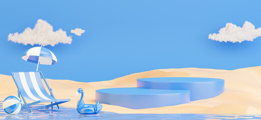 blue podium with summer beach background for your product display