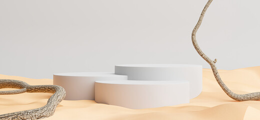 podium with desert background,branches for your product display