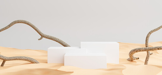 podium with desert background,branches for your product display