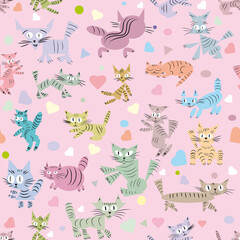 Seamless pattern with little kittens for baby clothes on a pink background