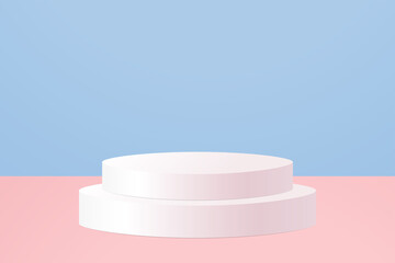 Product stand Vector illustration with copy space White oval platform on pink and blue pastel background