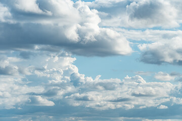 Sky beautiful blue close up clouds scape background. Blue and white sky timelapse, summer clouds.