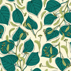 Linden blossom seamless pattern. Lime tree texture for packaging design and textile. Vector illustration.