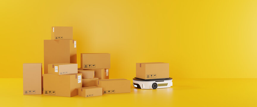 Concept of smart factory.Autonomous Robotic transportation or Automated guided vehicle systems(AGV) operating transfer box and Pile of cardboard boxes on yellow background.3d render and illustration