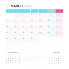 March 2022 Planner Calendar Week starts on Monday. Simple and clean calendar design planner template vector.