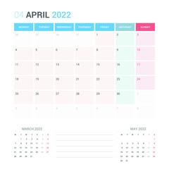 April 2022 Planner Calendar Week starts on Monday. Simple and clean calendar design planner template vector.