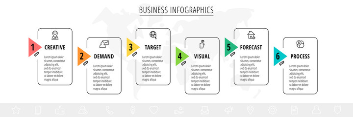 Vector infographic square label, template design. Business concept, Infograph with rectangles six options, step, arrow. Line infographics element for layout process diagram, parts, chart, graphic, web