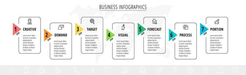 Vector infographic square label, template design. Business concept, Infograph with rectangles seven options, step, arrow. Line infographics element for layout process diagram, parts, chart, graphic