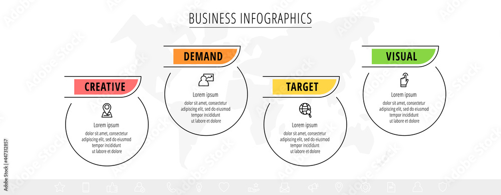 Poster business vector infographics with 4 line circles. timeline visualization with four steps for diagram