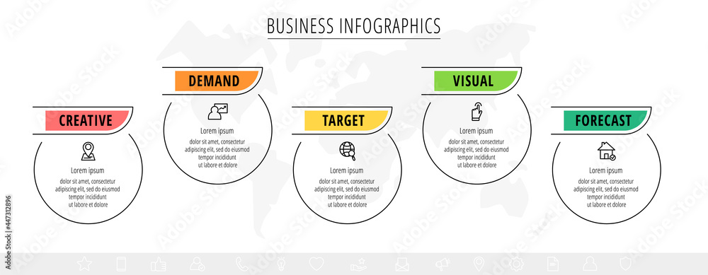 Poster business vector infographics with 5 line circles. timeline visualization with five steps for diagram