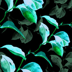 Leaves turquoise green bright watercolor on black background seamless pattern for all prints.