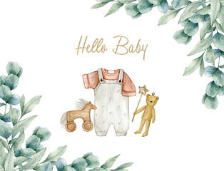 Watercolor illustration card hello baby with eucalyptus frame, jumpsuit and wood toys. Isolated on white background. Hand drawn clipart. Perfect for card, postcard, tags, invitation, printing. © Karina Martirosova