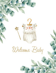 Watercolor illustration card welcome baby with eucalyptus frame and romper. Isolated on white background. Hand drawn clipart. Perfect for card, postcard, tags, invitation, printing, wrapping.