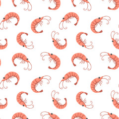 Shrimp vector pattern, white background, repeat print, trendy design.