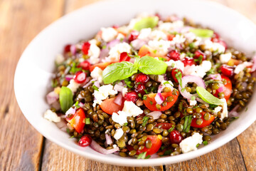 lentil salad with tomato, cheese and pomegranate