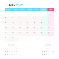 May 2022 Planner Calendar Week starts on Monday. Simple and clean calendar design planner template vector.