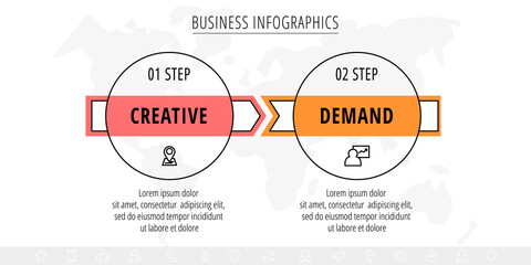 Vector line infographics template for two arrows and circles. Business concept with 2 elements and icons. Modern blank space for chart, content, step for step, timeline, diagram, web