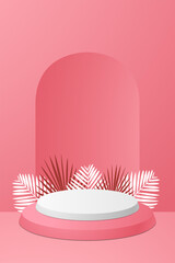 Vector illustration Minimal scene with clean podium Template with two-tone oval form and palm leaves on bright pink background