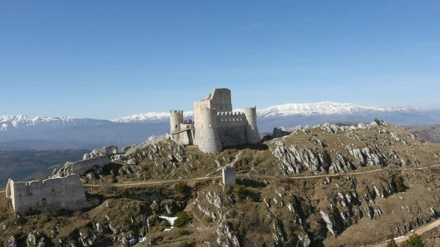 Aerial drone footage view Rocca Calascio, castle on the hill, in Abruzzo Italy // no video editing
