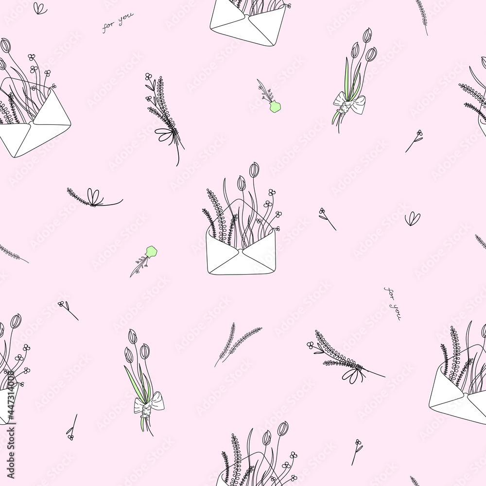 Poster seamless pattern with filters and flowers in the style of line art. delicate elegant feminine patter