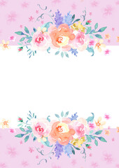 Watercolor pink flowers, floral frame for card end invitation