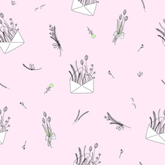 Seamless pattern with filters and flowers in the style of line art. Delicate elegant feminine pattern for wrapping paper, for wrapping gifts and flowers, for postcards