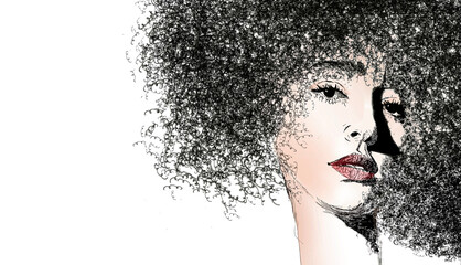 Here is a drawing of a beautiful girl with curly hair. This is a 3-d illustration with text area and copy space.