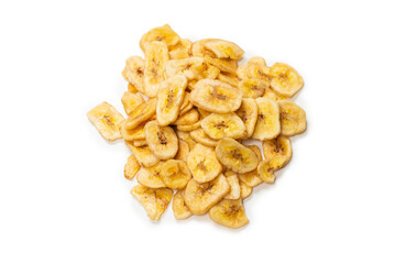 Banana chips isolated on a white background. Dehydrated banana.