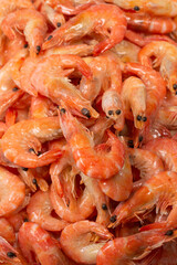 Shrimps background texture. A lot of shrimps. Cooked shrimps.