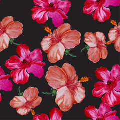 Red Hibiscus Painting. Pink Flower Foliage. Purple Seamless Decor. Orange Vintage Design. Pattern Illustration. Watercolor Wallpaper. Tropical Garden.Exotic Plant