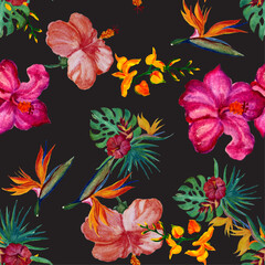 Colorful Seamless Print. Orange Hibiscus Foliage. Purple Watercolor Foliage. Pink Tropical Textile. Yellow Pattern Leaf. Floral Painting. Botanical Jungle.