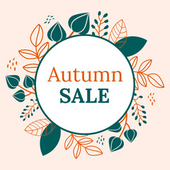 Autumn Sale Square Banner for Social Media. Green and Orange Elements on a Beige Background