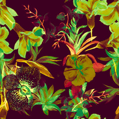 Golden Seamless Garden. Yellow Watercolor Foliage. Green Flower Jungle. Turquoise Hibiscus Design. Pattern Leaf. Summer Painting. Vintage Print.