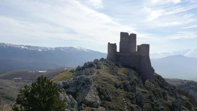 Aerial drone footage view Rocca Calascio, castle on the hill, in Abruzzo Italy // no video editing
