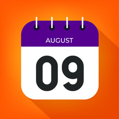 August day 9. Number nine on a white paper with purple color border on a orange background 