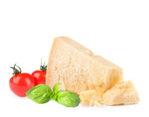 Delicious parmesan cheese, cherry tomatoes and basil on white background